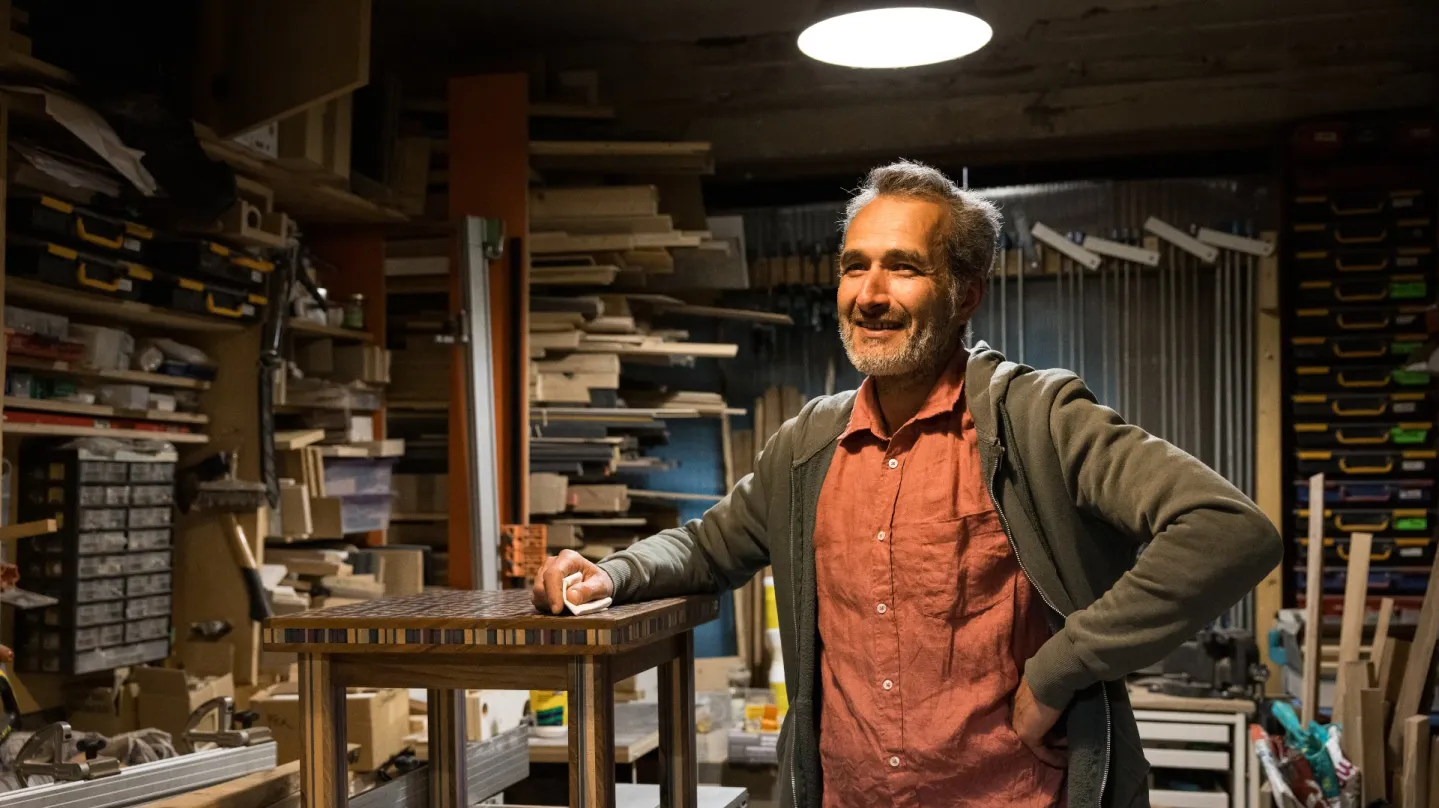 Portrait de Laurent Rouzeau, debout dans son atelier